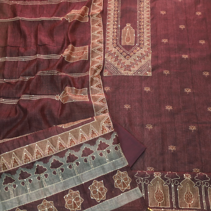 Ibadat Barn Brown Kantha Neck Work Chanderi Suit Set