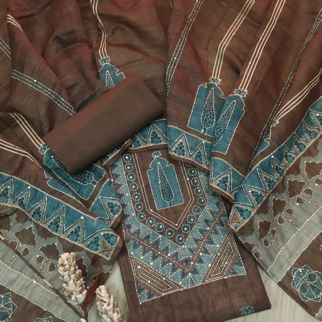 Ibadat Dark Chocolate Brown Kantha Neck Work Chanderi Suit Set