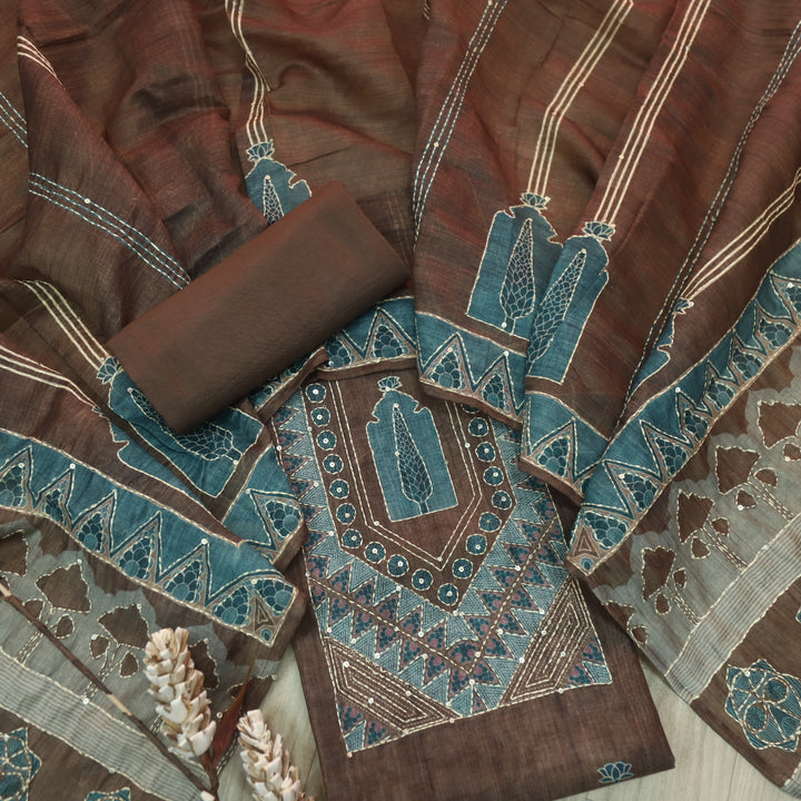Ibadat Dark Chocolate Brown Kantha Neck Work Chanderi Suit Set