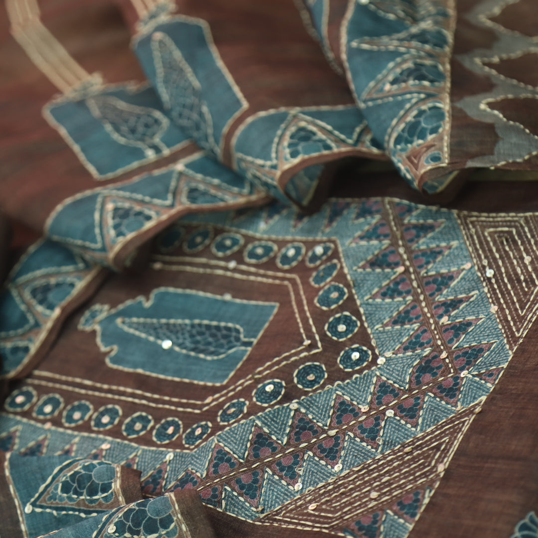 Ibadat Dark Chocolate Brown Kantha Neck Work Chanderi Suit Set