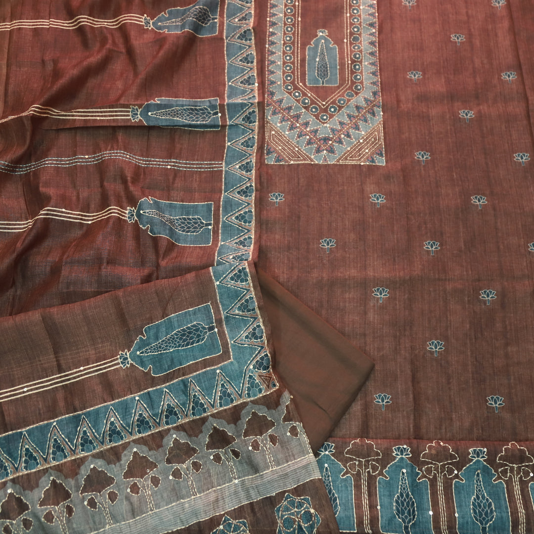 Ibadat Dark Chocolate Brown Kantha Neck Work Chanderi Suit Set