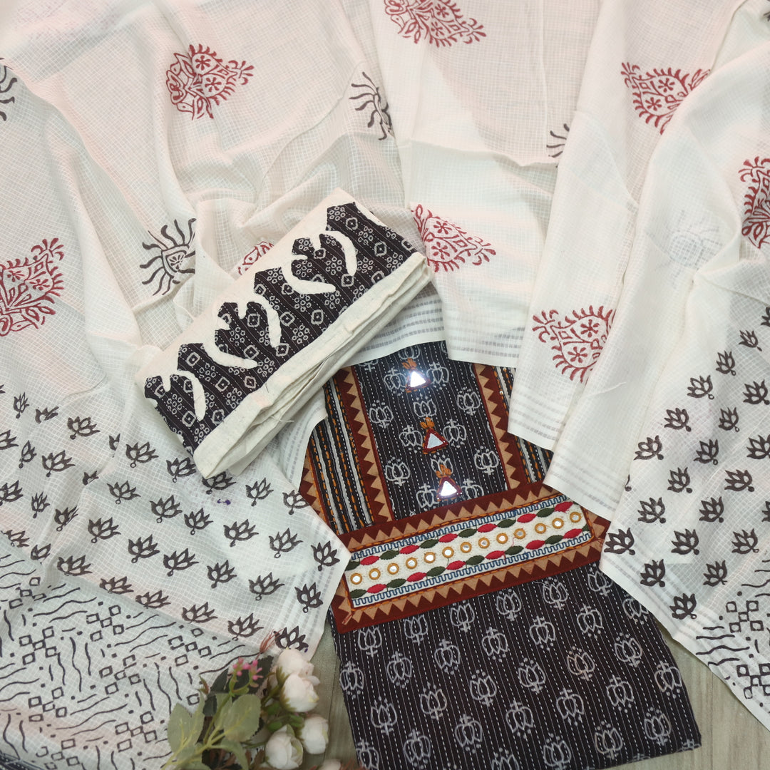 Kinara Coffee Brown Mirror detailing In Running Stitch Cotton Suit Set