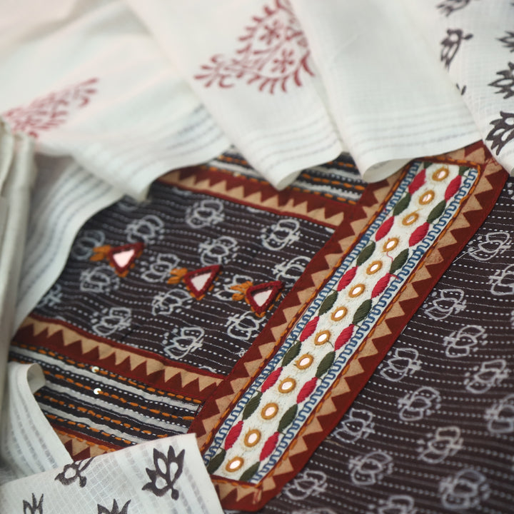 Kinara Coffee Brown Mirror detailing In Running Stitch Cotton Suit Set