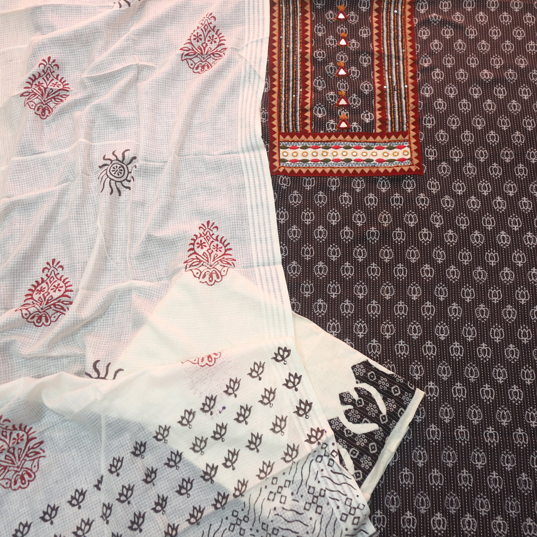 Kinara Coffee Brown Mirror detailing In Running Stitch Cotton Suit Set