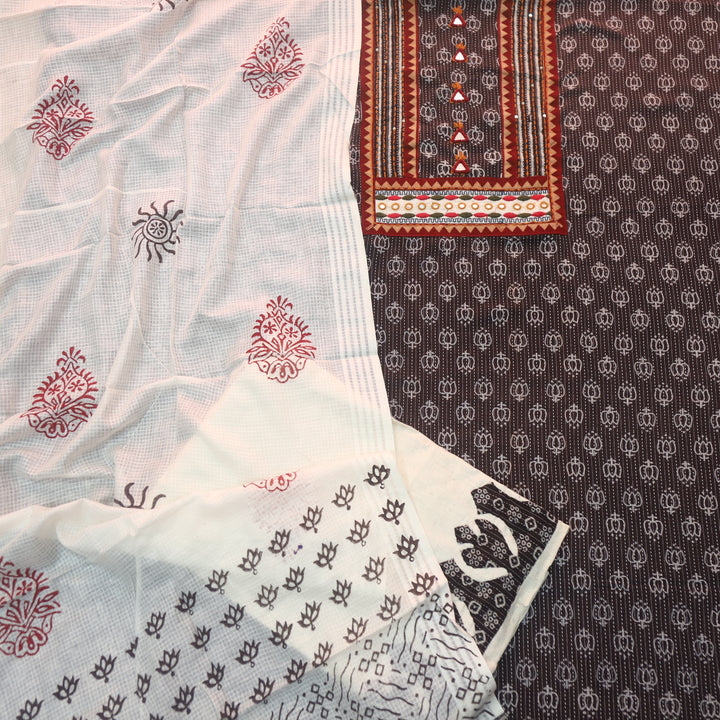 Kinara Coffee Brown Mirror detailing In Running Stitch Cotton Suit Set