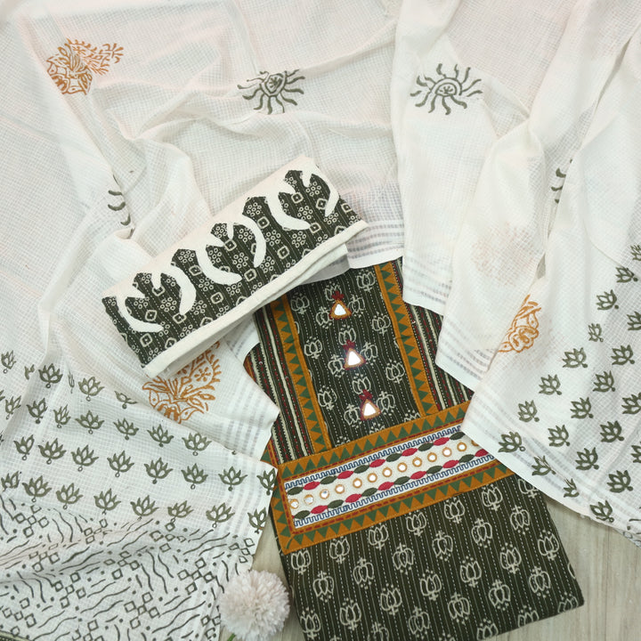 Kinara Forest Green Mirror detailing In Running Stitch Cotton Suit Set