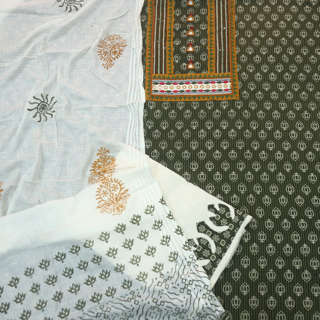 Kinara Forest Green Mirror detailing In Running Stitch Cotton Suit Set