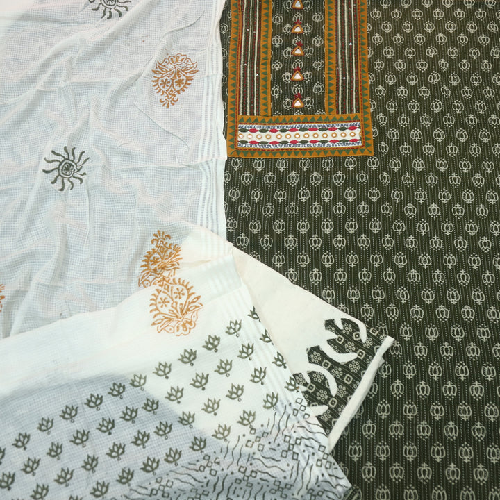 Kinara Forest Green Mirror detailing In Running Stitch Cotton Suit Set