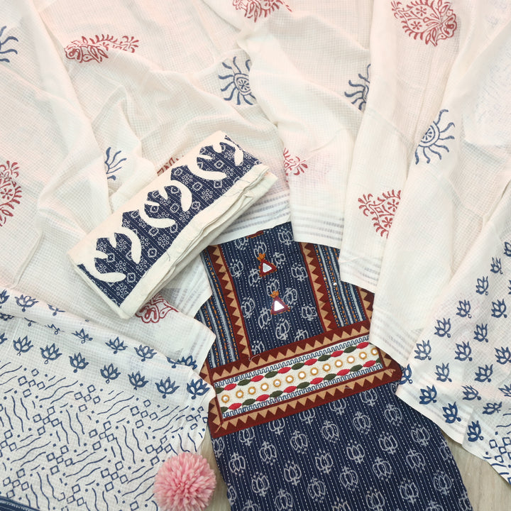 Kinara Denim Blue Mirror detailing In Running Stitch Cotton Suit Set