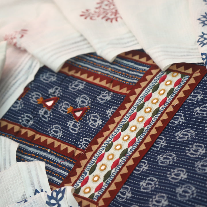 Kinara Denim Blue Mirror detailing In Running Stitch Cotton Suit Set