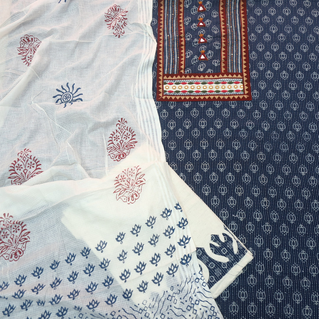 Kinara Denim Blue Mirror detailing In Running Stitch Cotton Suit Set