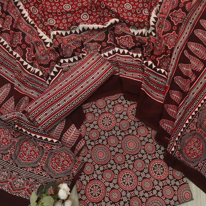 Jahaan Chocolate Brown Ajrak Printed Cotton Rayon Suit Set