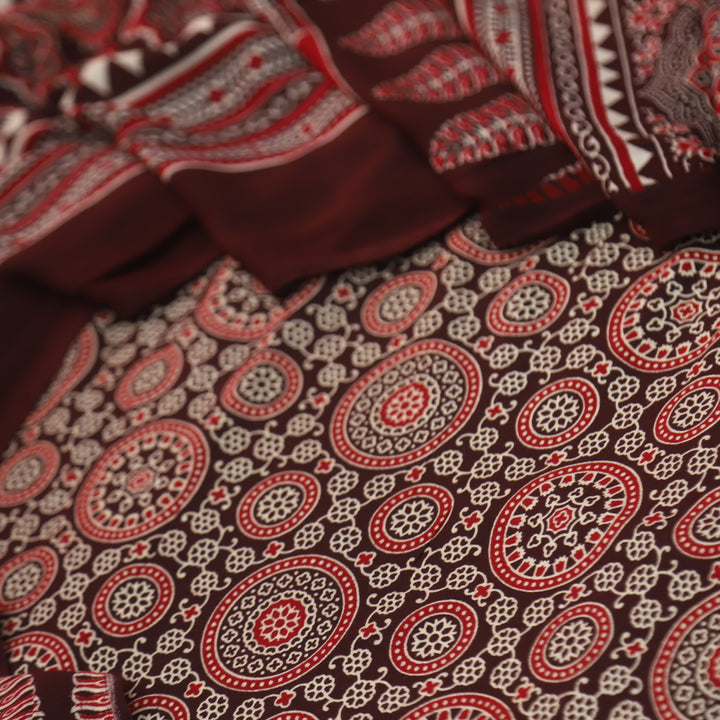 Jahaan Chocolate Brown Ajrak Printed Cotton Rayon Suit Set