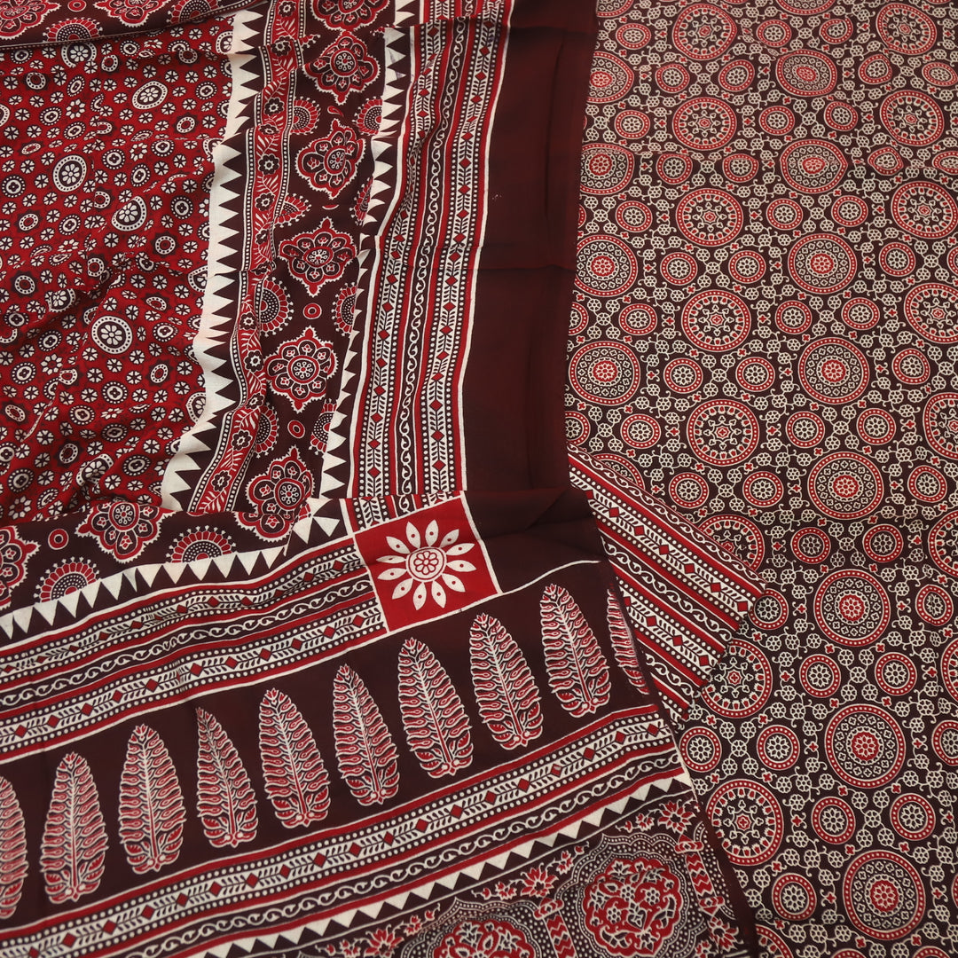 Jahaan Chocolate Brown Ajrak Printed Cotton Rayon Suit Set