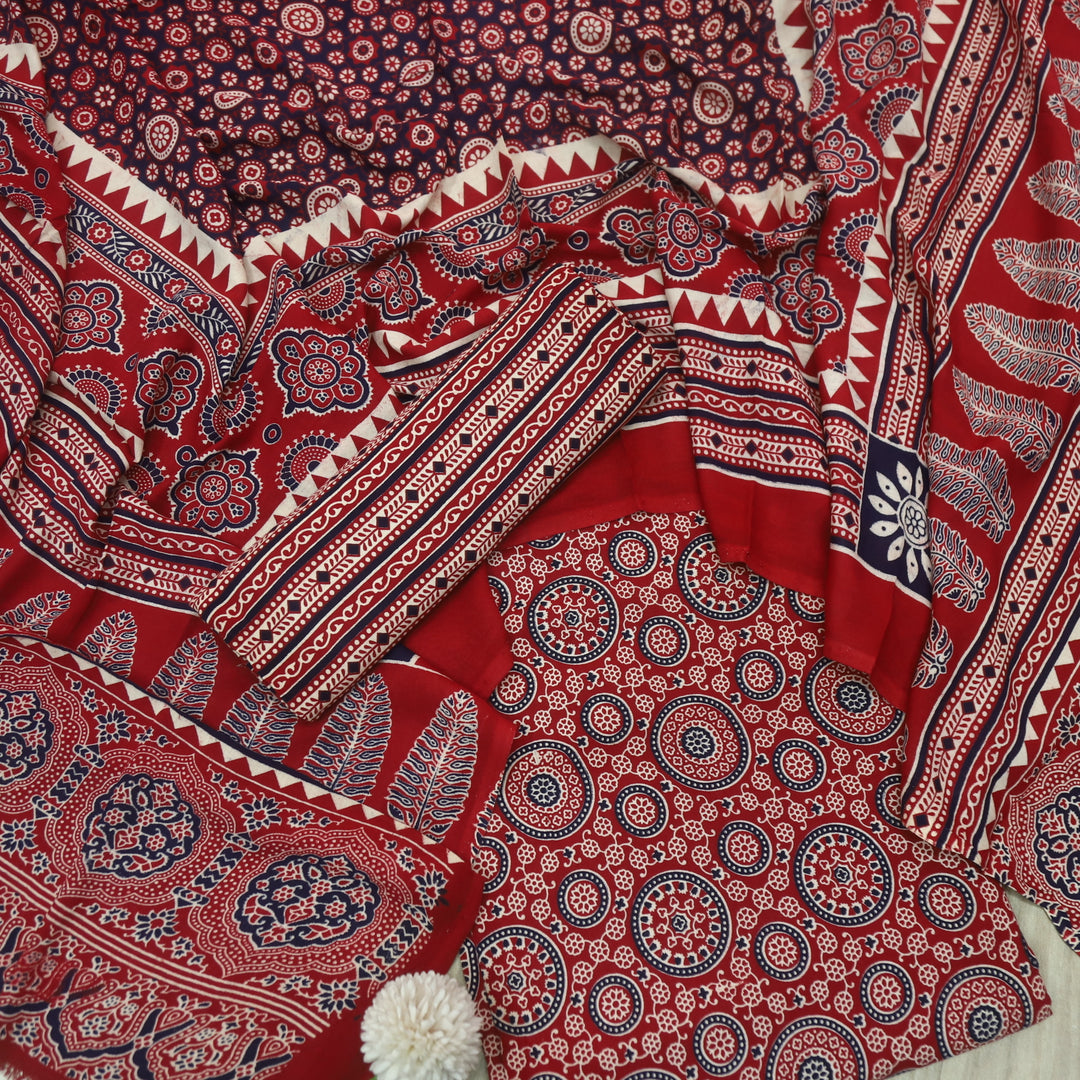 Jahaan Brigth Red Ajrak Printed Cotton Rayon Suit Set