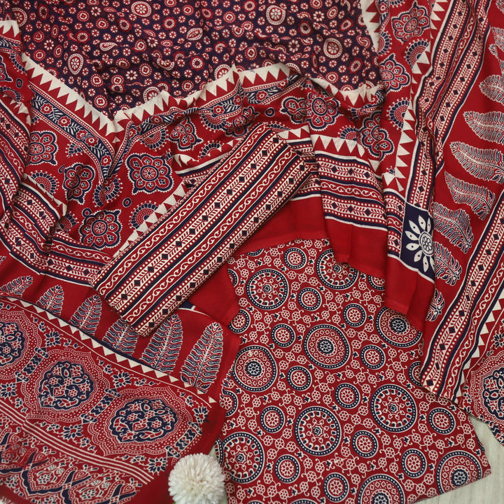 Jahaan Brigth Red Ajrak Printed Cotton Rayon Suit Set