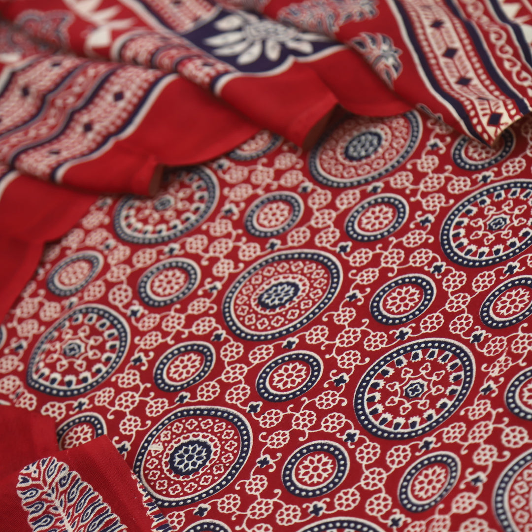 Jahaan Brigth Red Ajrak Printed Cotton Rayon Suit Set