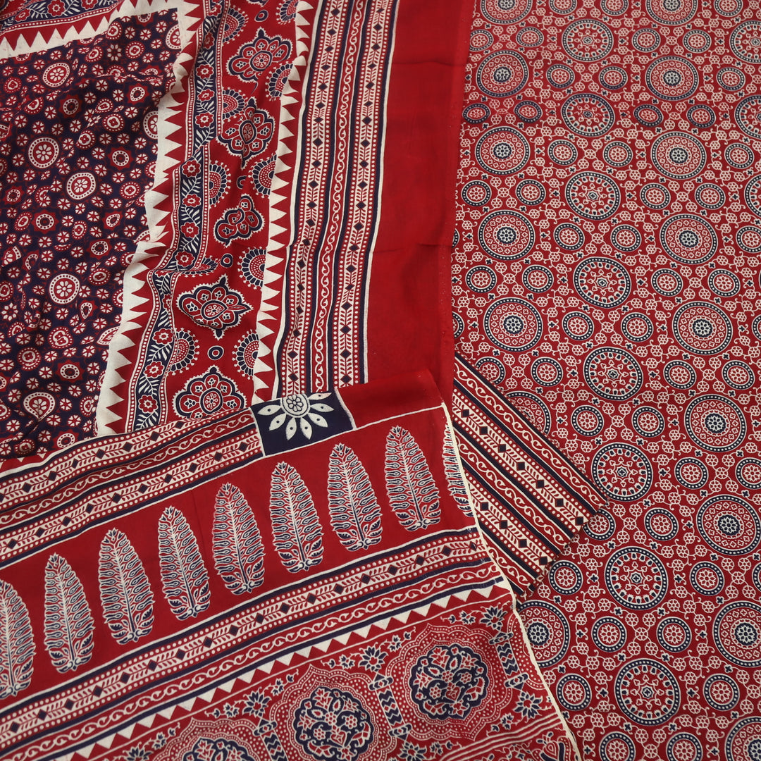 Jahaan Brigth Red Ajrak Printed Cotton Rayon Suit Set