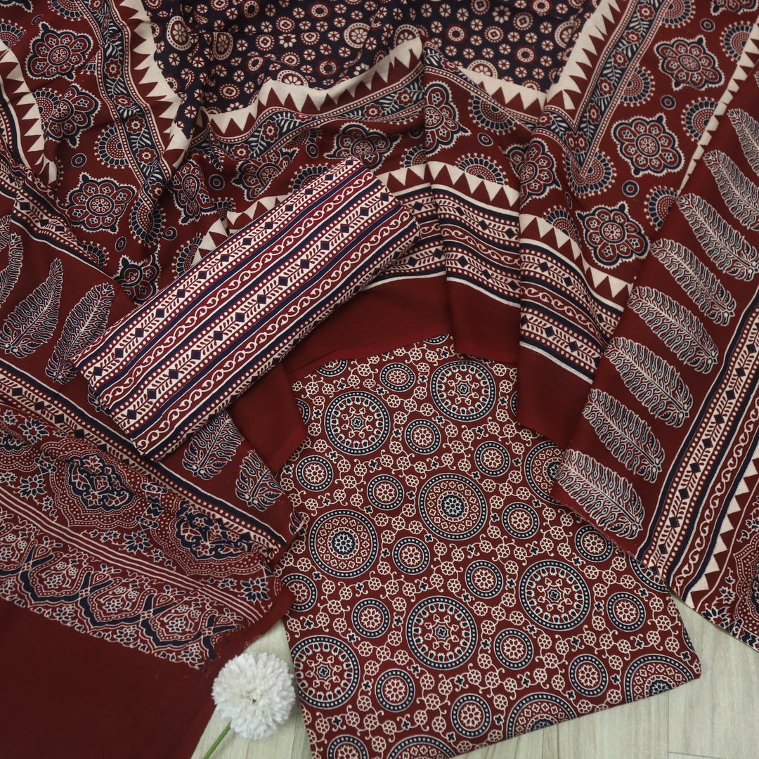 Jahaan Blood Maroon Ajrak Printed Cotton Rayon Suit Set