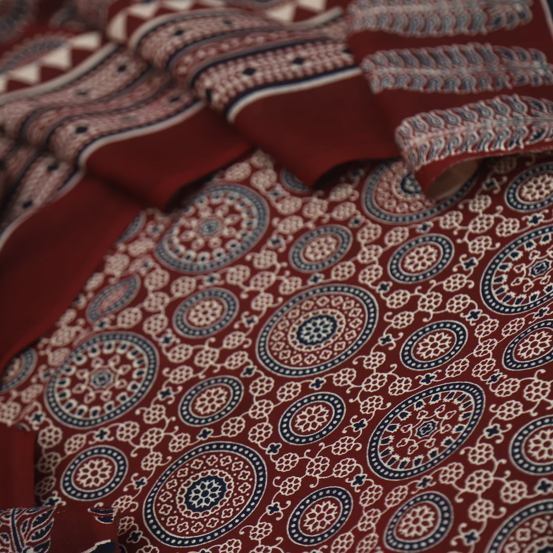 Jahaan Blood Maroon Ajrak Printed Cotton Rayon Suit Set