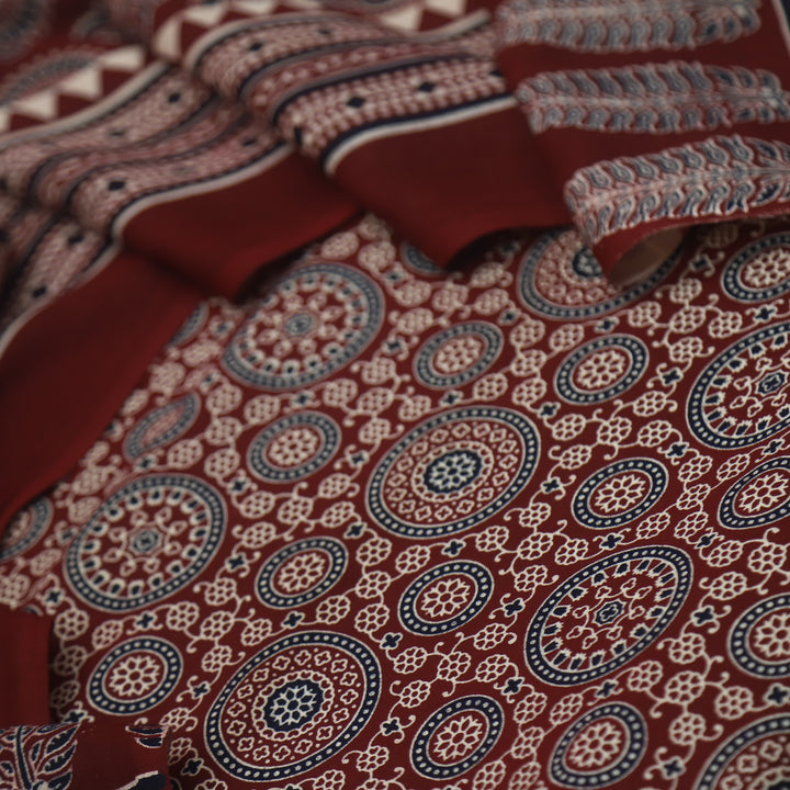 Jahaan Blood Maroon Ajrak Printed Cotton Rayon Suit Set