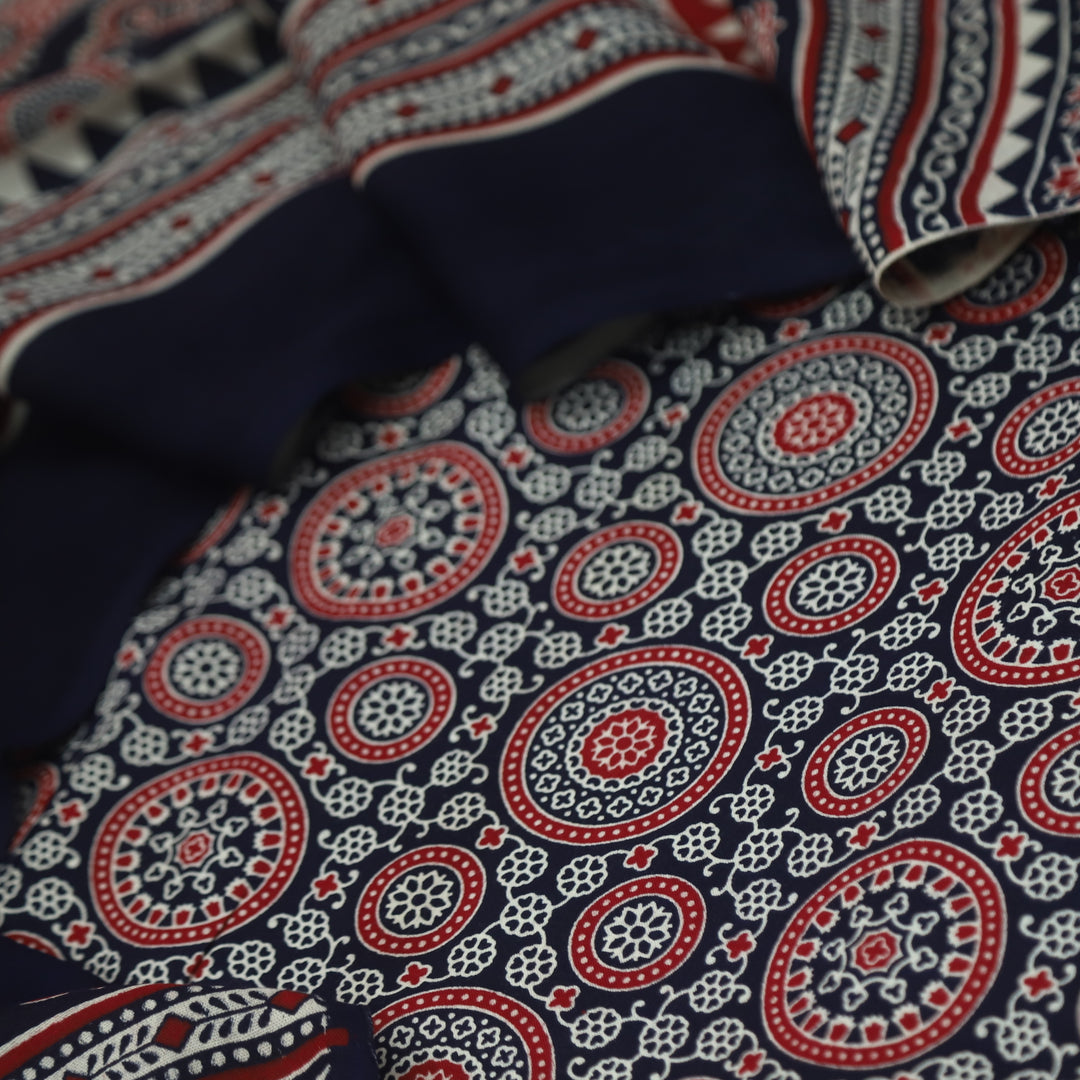 Jahaan Royal Deep Black Ajrak Printed Cotton Rayon Suit Set