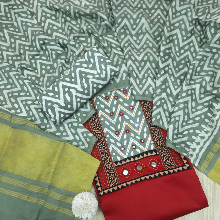 Nigahein Bride Red Mirror Patch Neck Work Glazed Cotton Suit Set