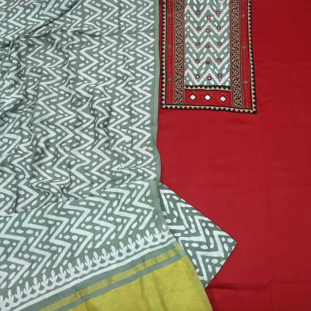 Nigahein Bride Red Mirror Patch Neck Work Glazed Cotton Suit Set