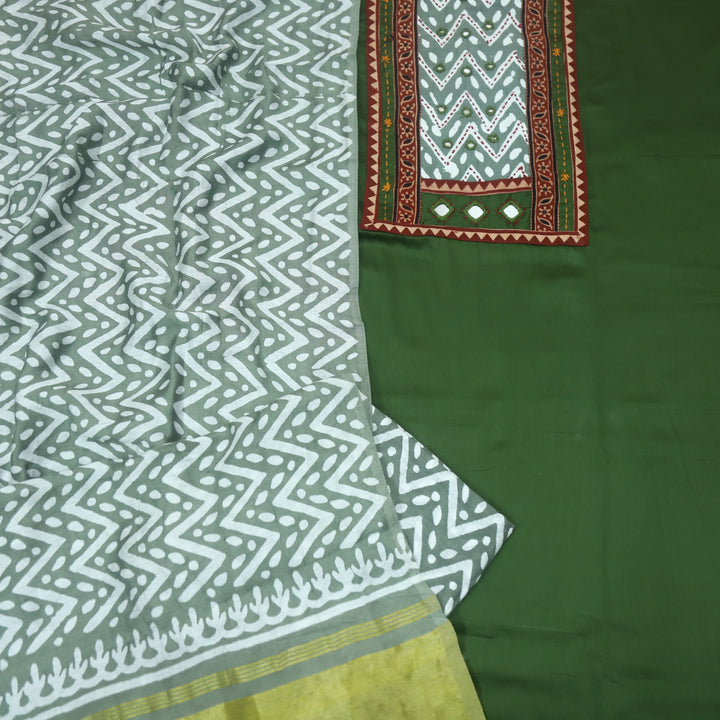 Nigahein Grass Green Mirror Patch Neck Work Glazed Cotton Suit Set