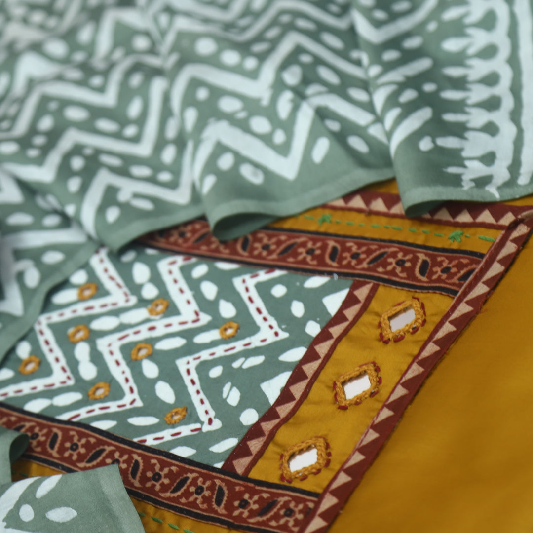 Nigahein Canary Yellow Mirror Patch Neck Work Glazed Cotton Suit Set