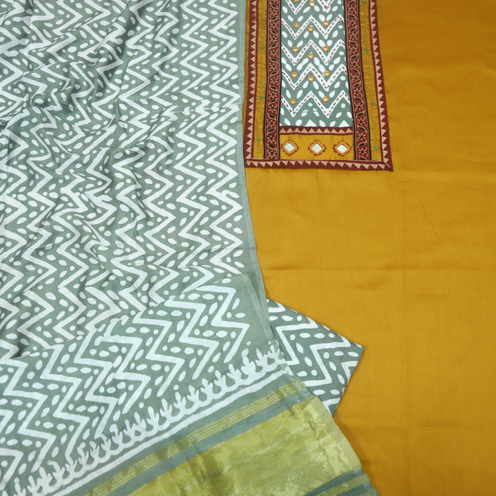 Nigahein Canary Yellow Mirror Patch Neck Work Glazed Cotton Suit Set