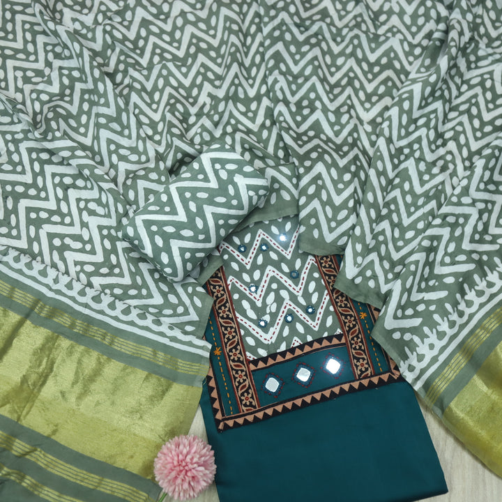 Nigahein Cerulean Blue Mirror Patch Neck Work Glazed Cotton Suit Set