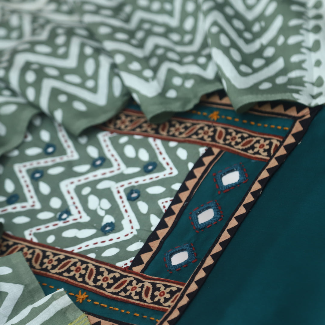 Nigahein Cerulean Blue Mirror Patch Neck Work Glazed Cotton Suit Set