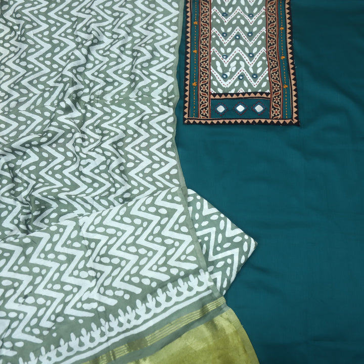 Nigahein Cerulean Blue Mirror Patch Neck Work Glazed Cotton Suit Set