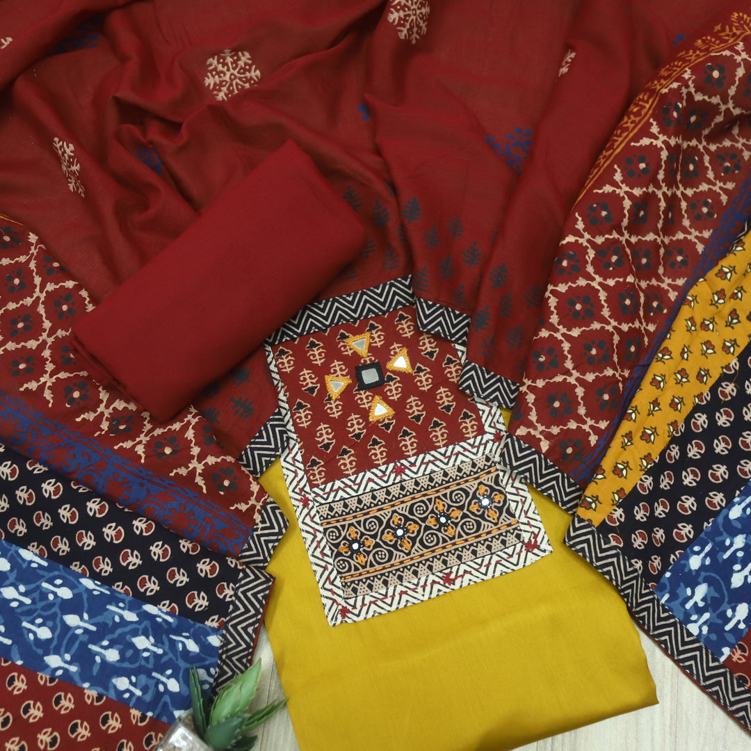 Barsaati Corn Yellow Kutch Fusion Neck with Mirror Glazed Cotton Suit Set