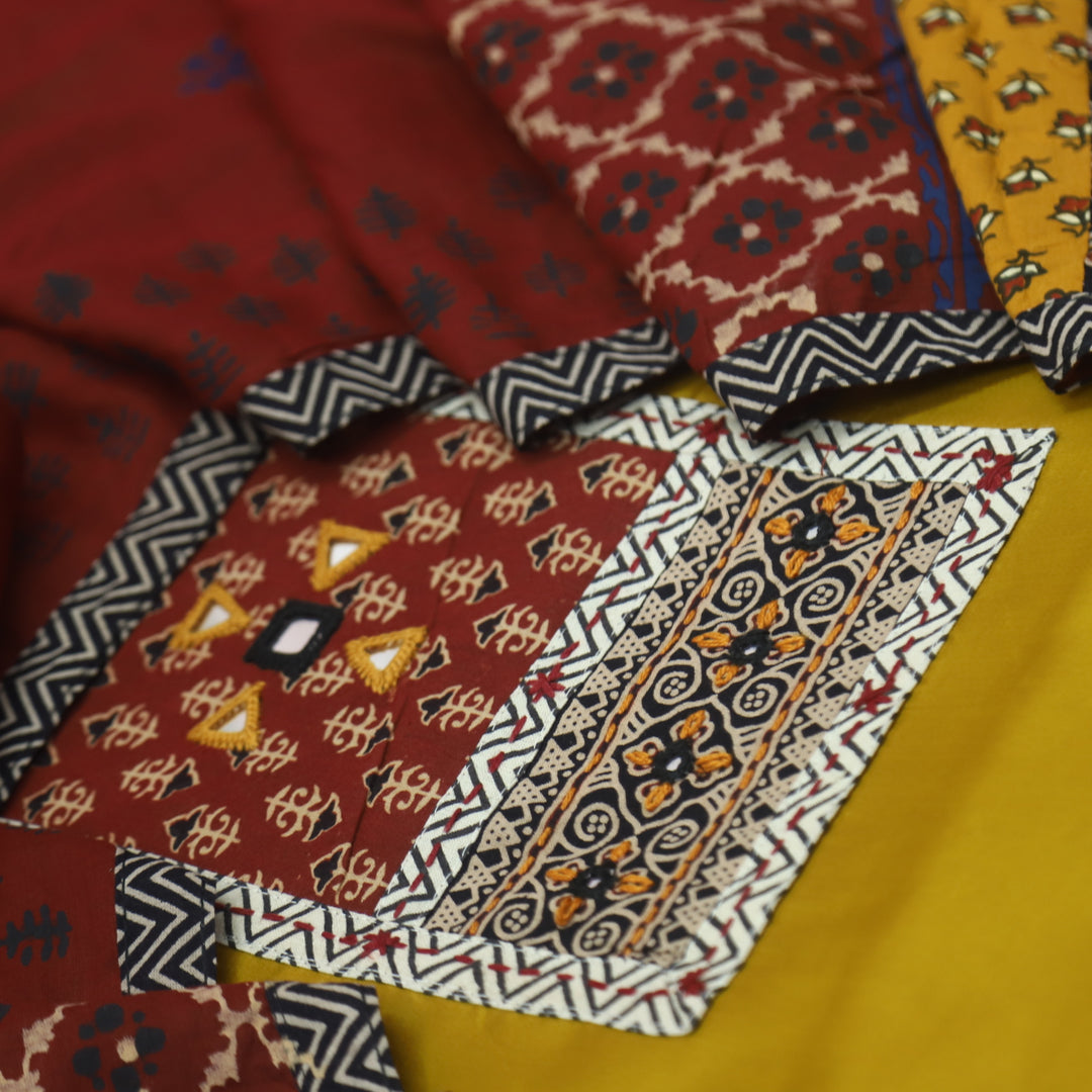 Barsaati Corn Yellow Kutch Fusion Neck with Mirror Glazed Cotton Suit Set