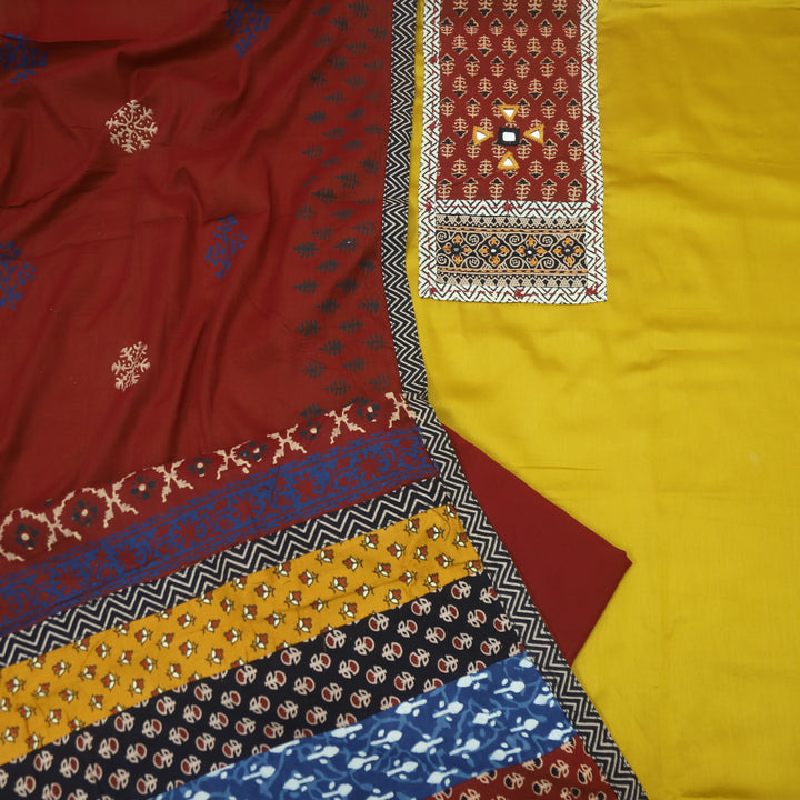 Barsaati Corn Yellow Kutch Fusion Neck with Mirror Glazed Cotton Suit Set