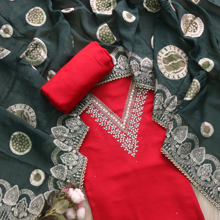 Naari Bride Red Stone Embellished V Neck Work Dola Silk Suit Set