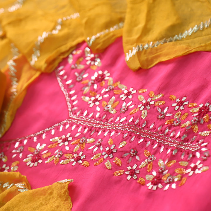 Alvida Blush Pink Sequence Embroidery Neckline in Dola Silk Suit Set