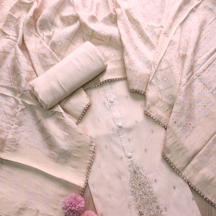 Alhada Cream Beige Embellish Neck with Parta Work Chanderi Suit Set