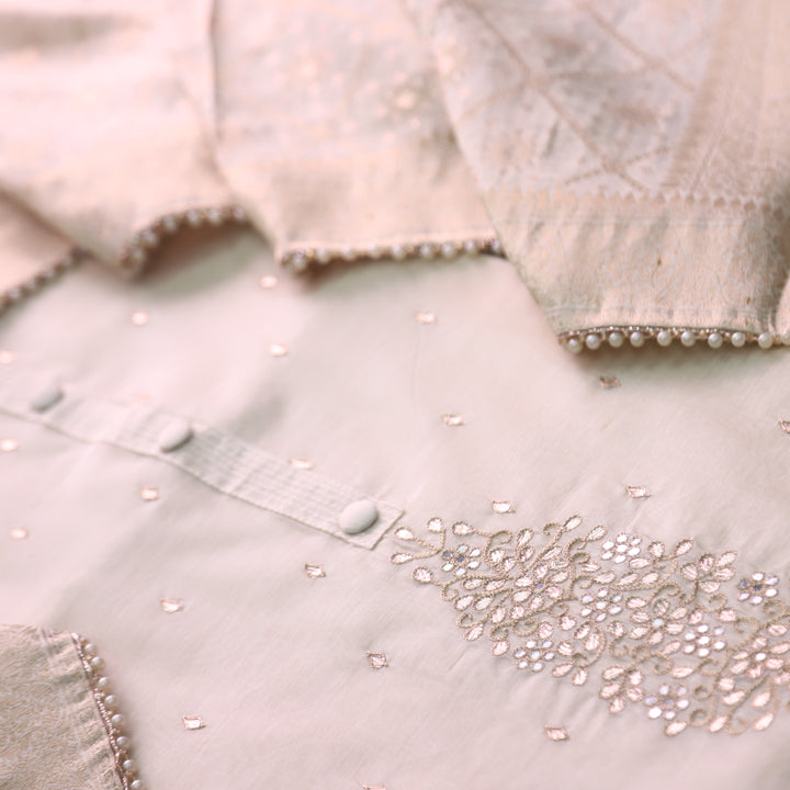 Alhada Cream Beige Embellish Neck with Parta Work Chanderi Suit Set