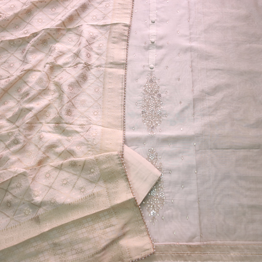 Alhada Cream Beige Embellish Neck with Parta Work Chanderi Suit Set