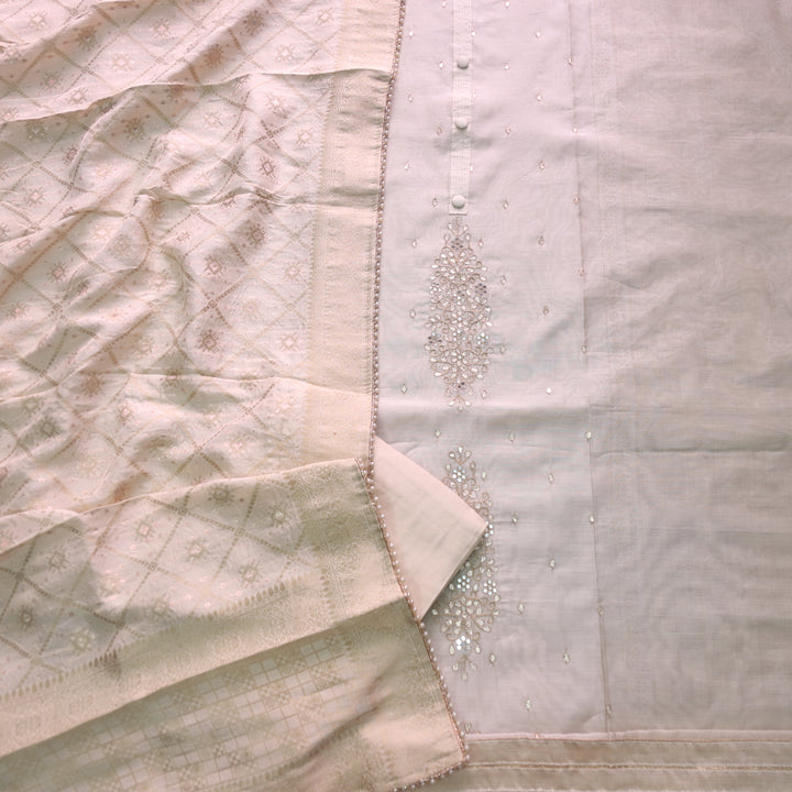 Alhada Cream Beige Embellish Neck with Parta Work Chanderi Suit Set
