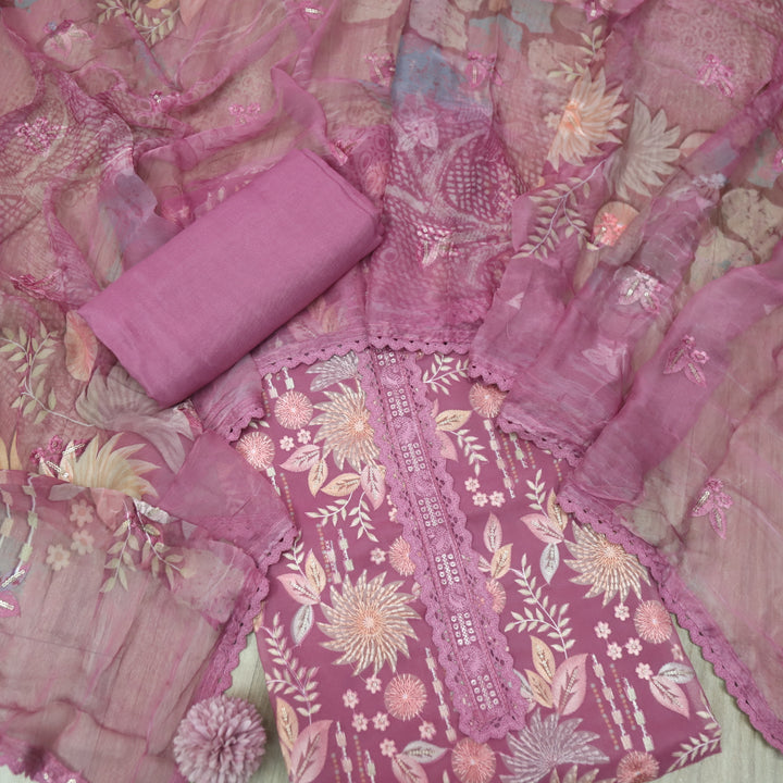 Mannat Mauve Pink All Over Thread Work Organza Suit Set