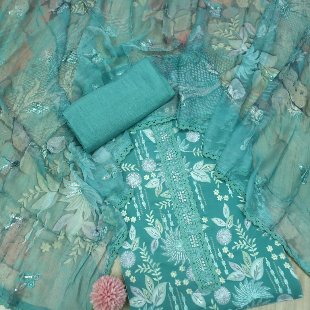 Mannat Aqus Teal Green All Over Thread Work Organza Suit Set