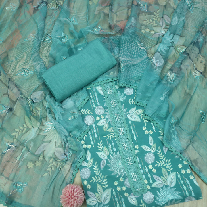 Mannat Aqus Teal Green All Over Thread Work Organza Suit Set