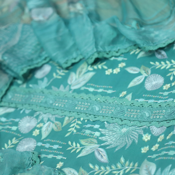 Mannat Aqus Teal Green All Over Thread Work Organza Suit Set