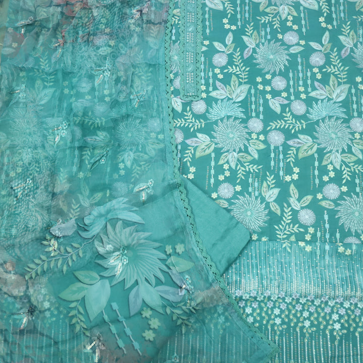 Mannat Aqus Teal Green All Over Thread Work Organza Suit Set