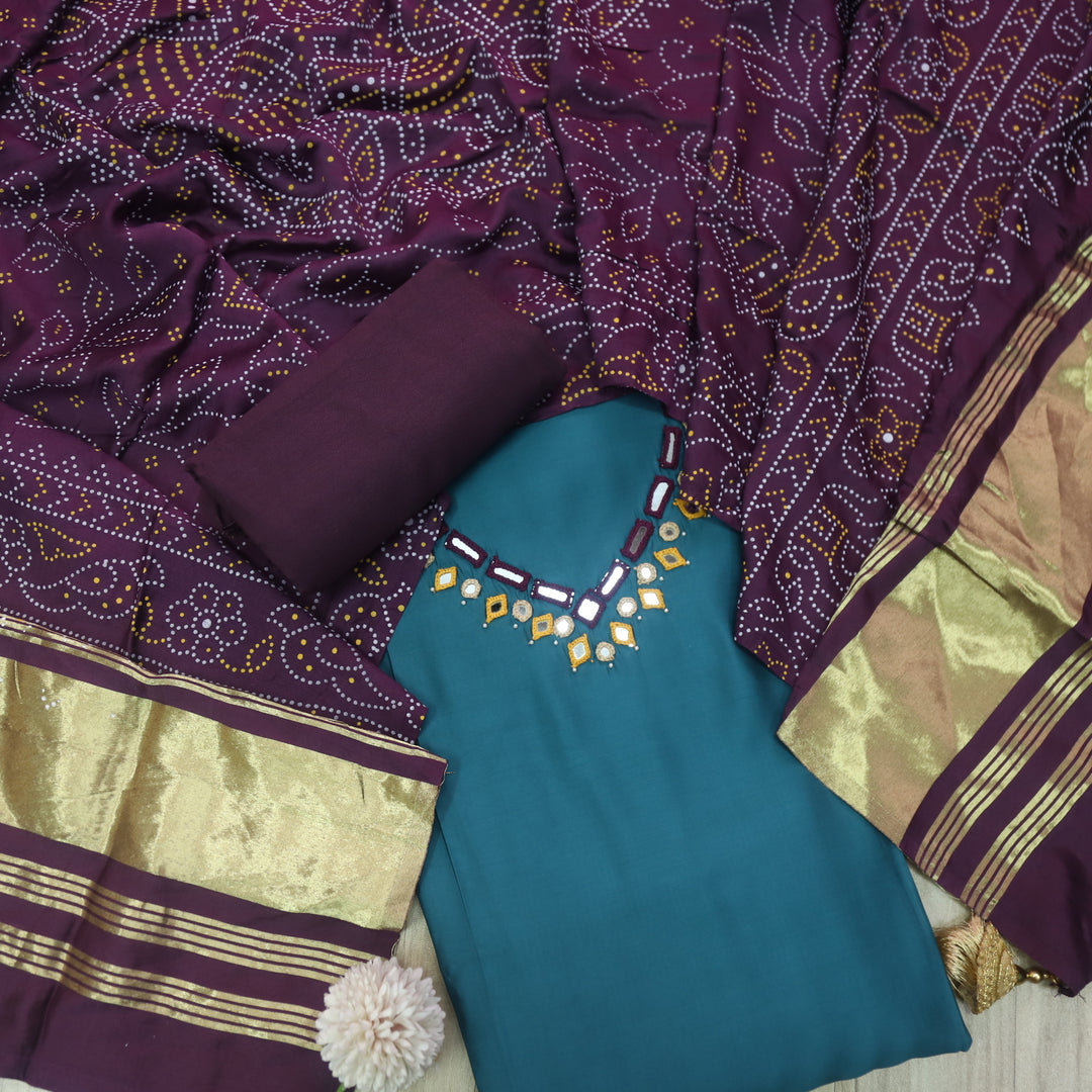 Ishaani Cerulean Blue Mirror Neck Work Modal Suit Set with Gajji Silk Dupatta
