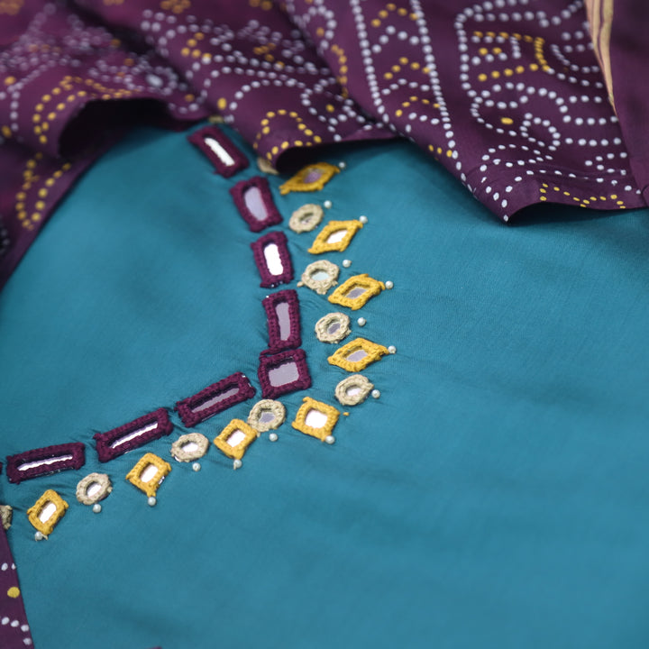Ishaani Cerulean Blue Mirror Neck Work Modal Suit Set with Gajji Silk Dupatta
